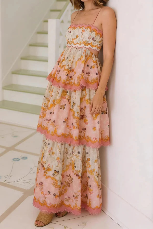 Daylight Unique Print Cutout Waist Back Lace-up Tiered Hem Maxi Dress
