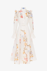 Selina Butterfly Sleeve Midi Dress - Lemon Vine Print in Snow