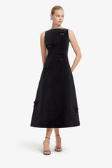 Cleo Velvet Bow Sleeveless Midi Dress - Ebony