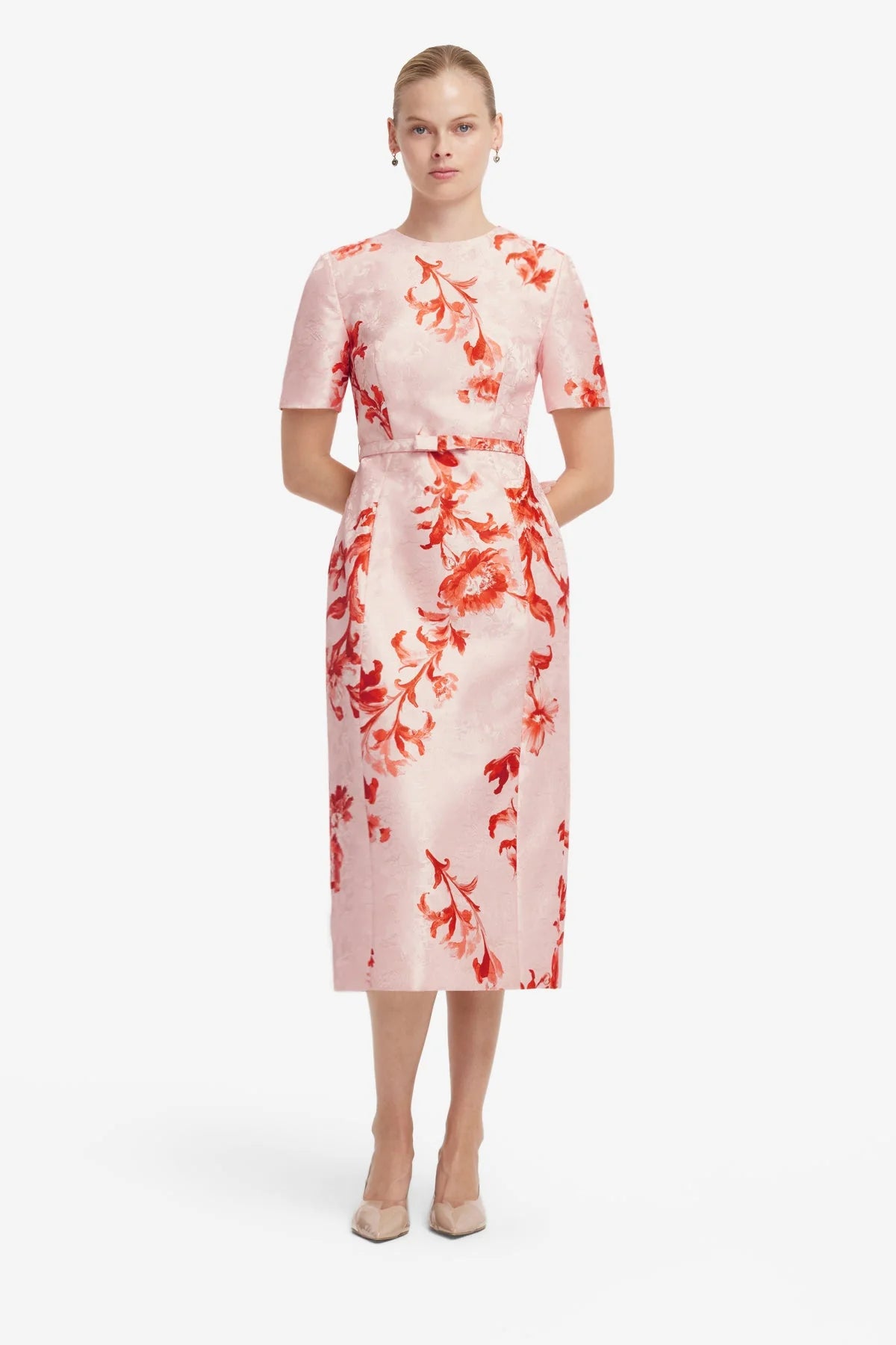 Elizabeth Jacquard Short Sleeve Midi Dress  - Magnolia Print
