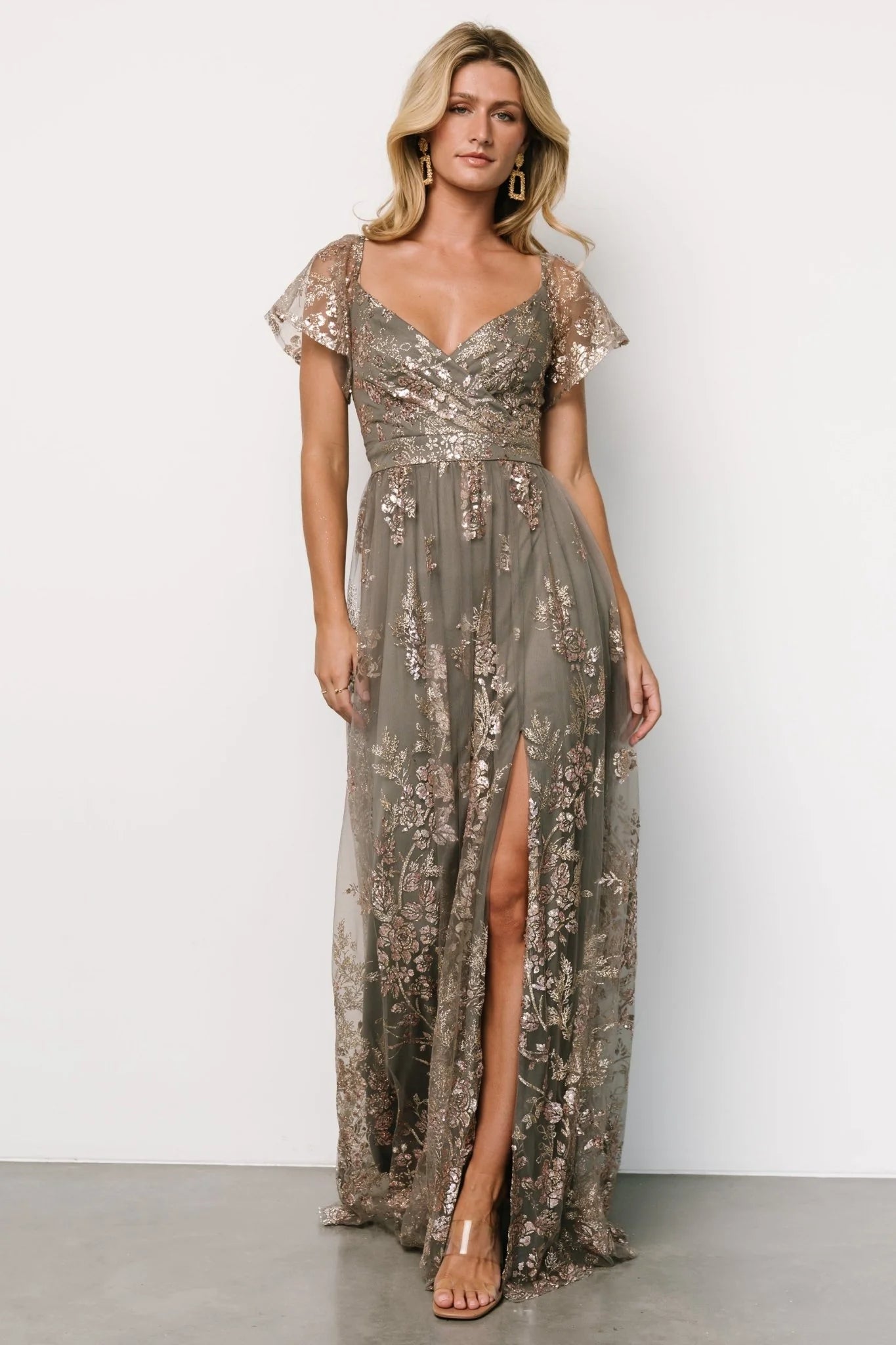 Corinne Shimmer Maxi Gown | Dark Sage + Rose Gold
