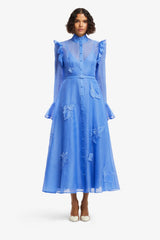 Katrina Appliqué Butterfly Sleeve Midi Dress - Azure