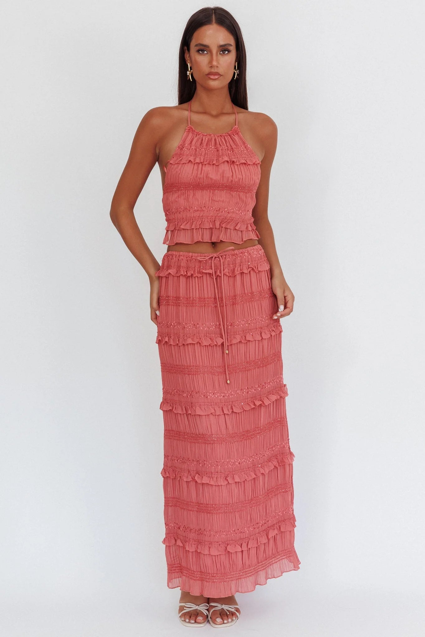 Helios Shirred Sequin Maxi Skirt Rose