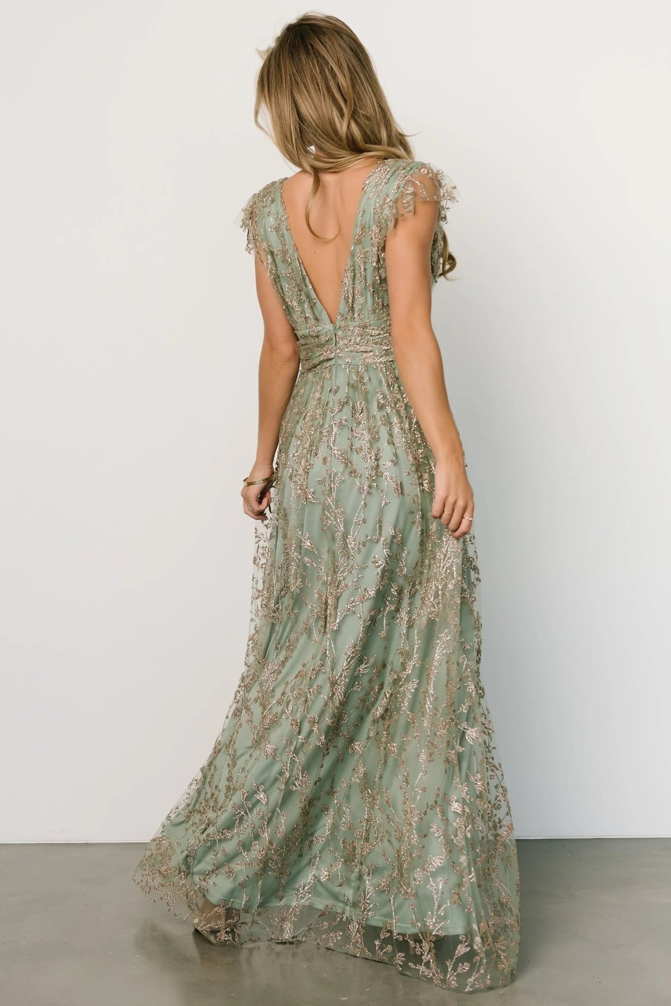 Arlene Shimmer Gown | Sage + Gold
