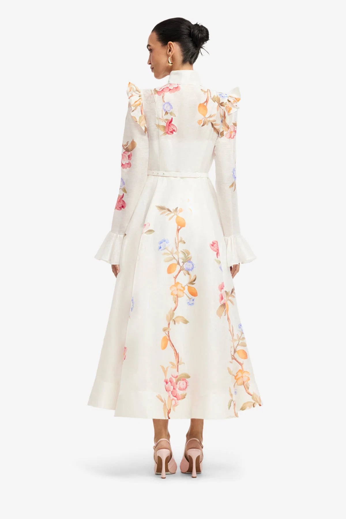 Selina Butterfly Sleeve Midi Dress - Lemon Vine Print in Snow