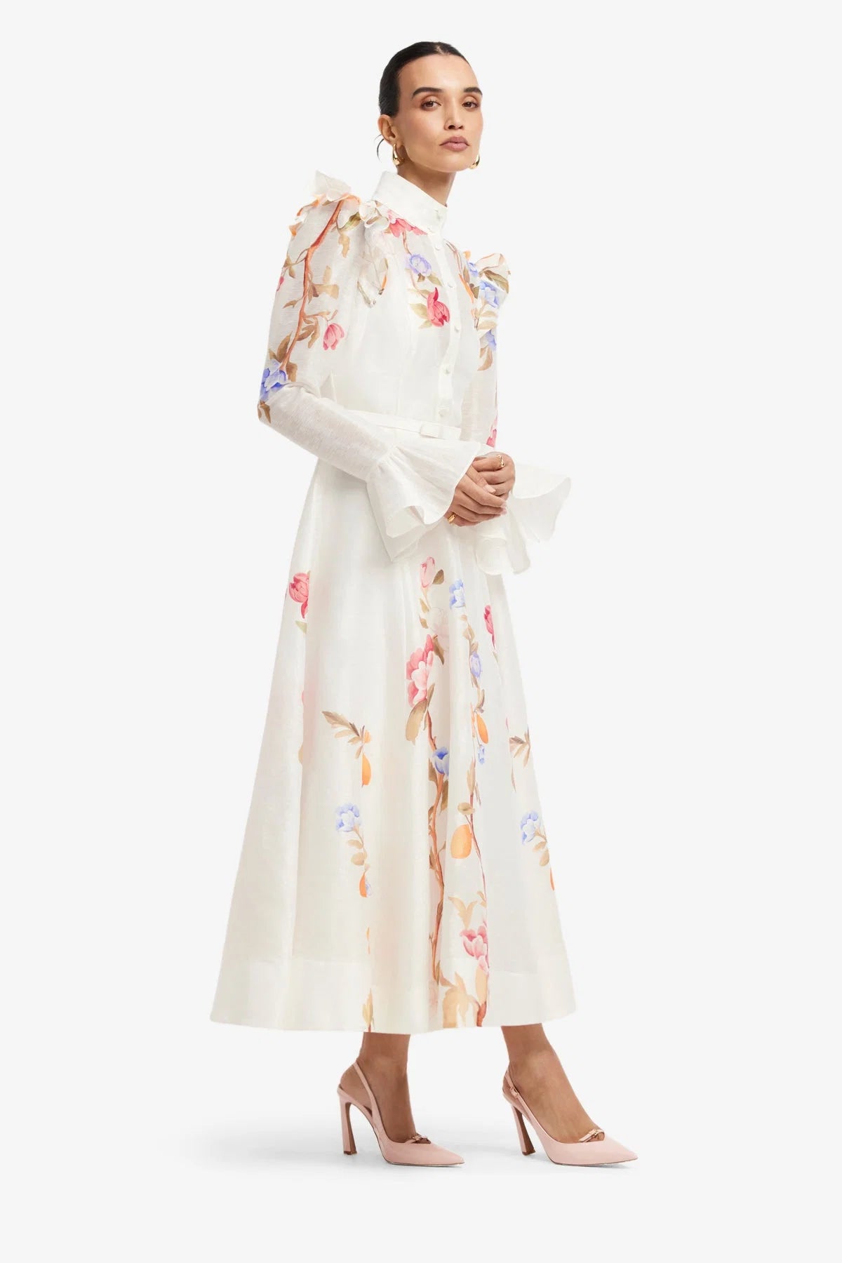 Selina Butterfly Sleeve Midi Dress - Lemon Vine Print in Snow